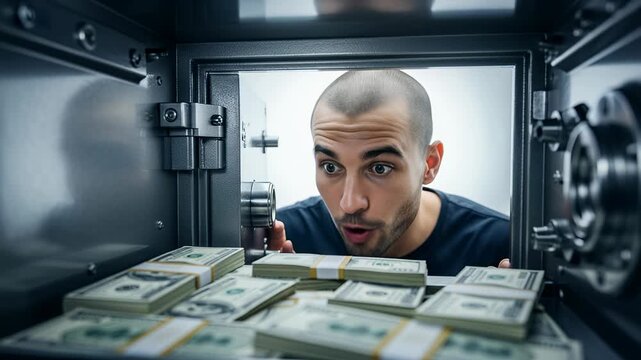 Young man finds unexpected cash in a safe and reacts with surprise and excitement