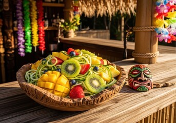 Photo of vibrant zucchini noodles salad with a colorful mix of fresh fruits like strawberries, kiwi, mango, and blueberries, served in a rustic bowl with a tiki mask decoration