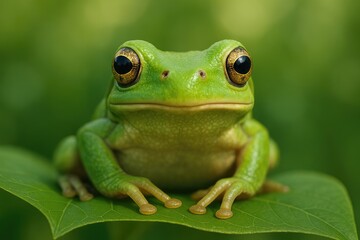 Close-up view of a small green amphibian resting on a leaf fragment