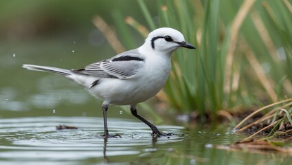 Close-up of a white wagtail as it moves through the grass