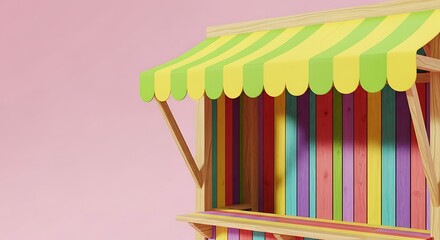 Colorful Wooden Market Stall with Striped Awning and Multicolored Backdrop
