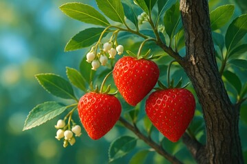 Macro photograph of a strawberry tree leaves and fruit