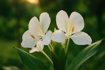 Elegant white ginger lily blossoms against a softly focused green garden scene at evening low-light, emphasizing the flower's stamen