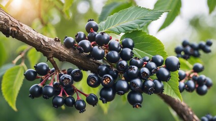 Close-up of ripe black elderberries on a tree in the wild