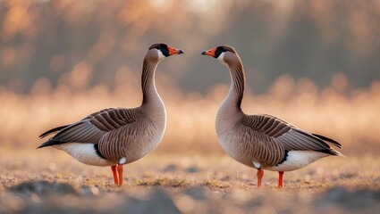 Obraz premium Close-up shot of upland geese on terrain with a blurry scenery behind them