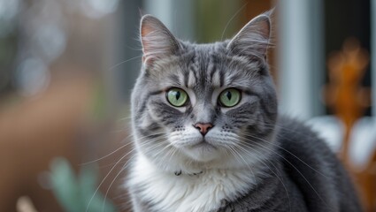 Fototapeta premium Stunning gray kitty featuring a white snout and striking green eyes