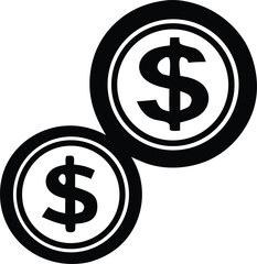 Two stylized black and white coins with prominent dollar signs symbolizing currency and financial transactions
