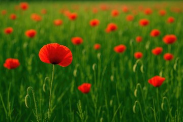 Fototapeta premium Serene countryside scene featuring blooming red poppy flowers