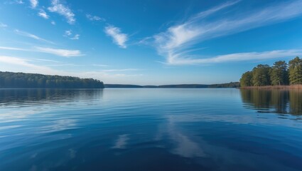 Peaceful lake scene featuring a calm surface and a bright sky overhead