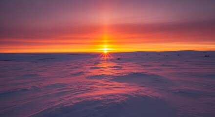 Obraz premium Majestic Winter Sunset over Vast Snow-Covered Landscape with Vibrant Sky and Reflections