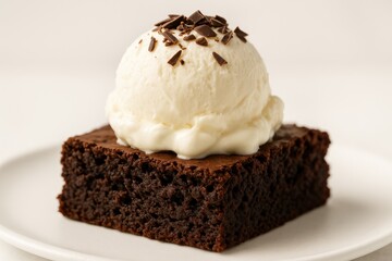 Rich brownie paired with smooth vanilla ice cream