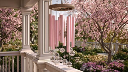 Rose-hued wind chimes dangle in a spring garden scene filled with blossoms and greenery