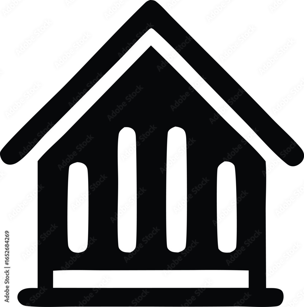 Poster simple black and white icon of a stylized building with a gable roof and vertical window elements