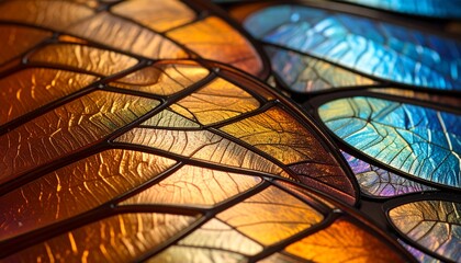 Detailed Mosaic Abstract Stained Glass in Blue, Orange, and Brown