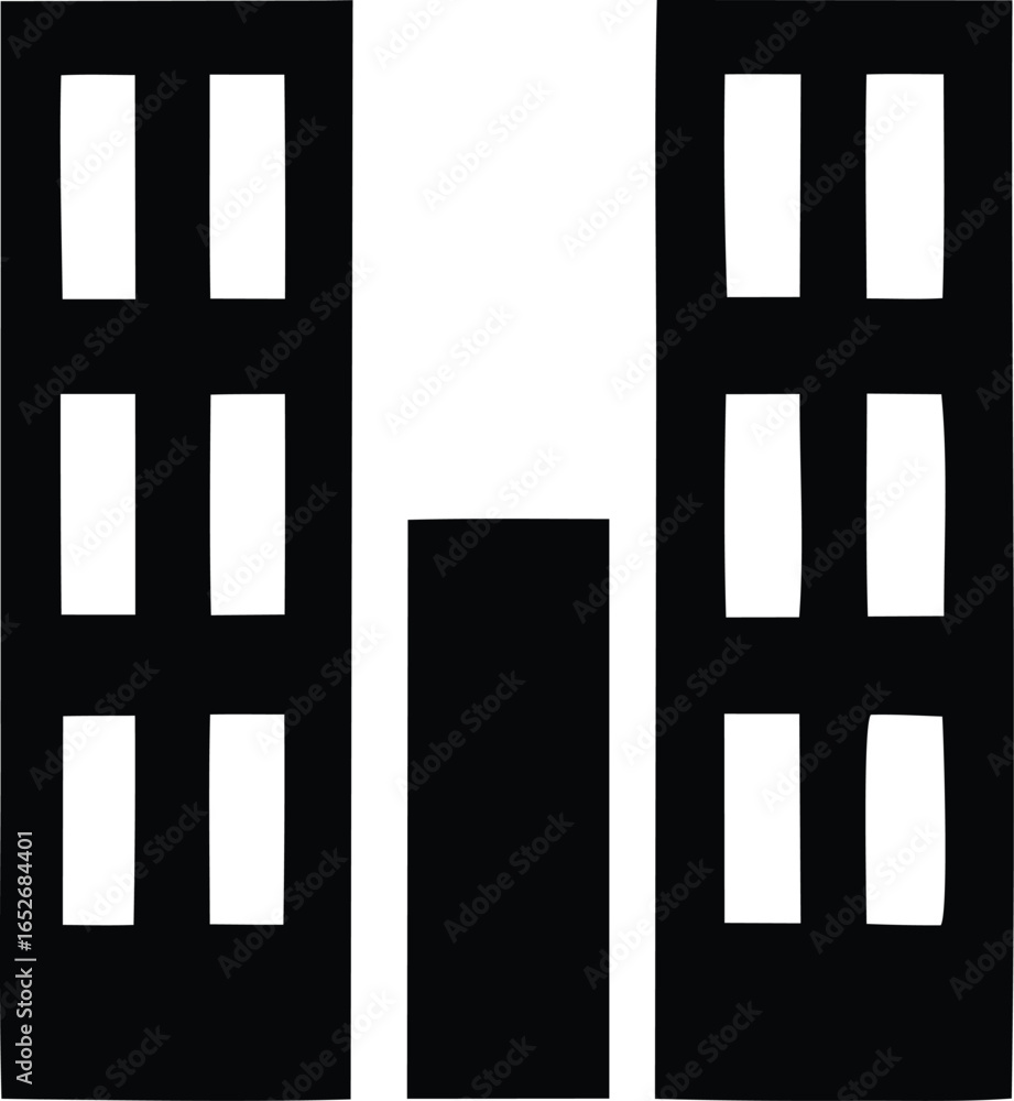 Poster abstract geometric composition featuring two identical black panel structures with vertical white re