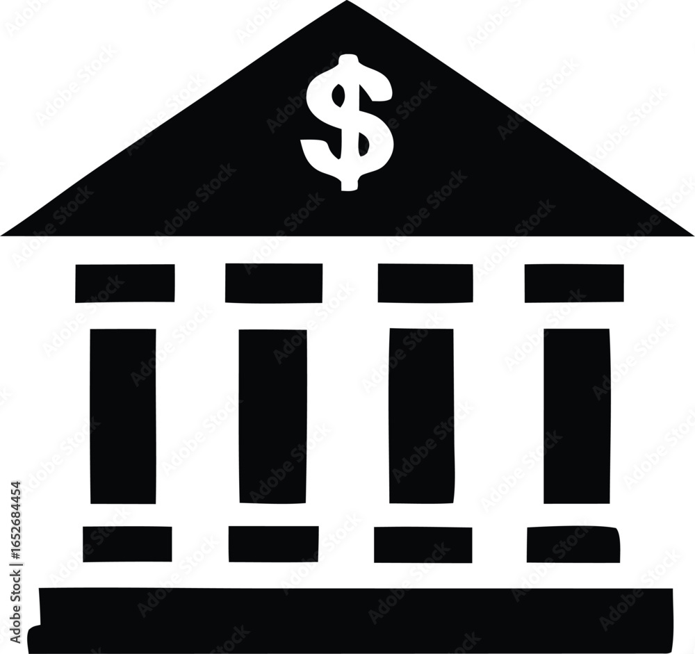 Poster classic bank building icon featuring a dollar sign on its pediment and ionic columns