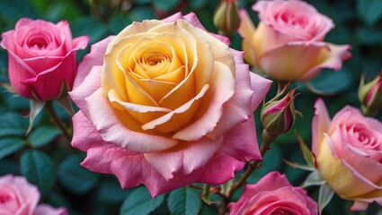 Obraz premium Pink and yellow-colored flower variety called Gloria Dei (Peace rose)