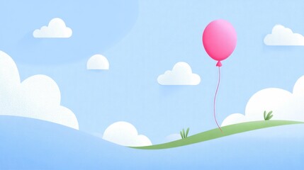 Pink balloon floating above a green hill on a bright, airy, cloudy sky background