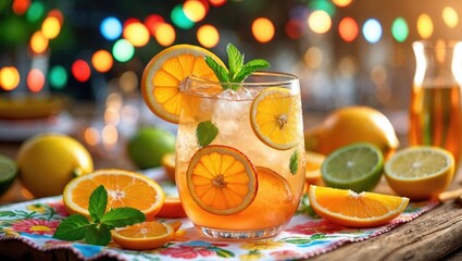 Fruity rum beverage presented in a glass adorned with orange slices for warm-weather refreshment