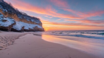 A picturesque seaside scene with two twins at dusk, featuring colorful skies, cliffs, and sandy shores