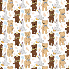Seamless Teddy bear and goose toy Pattern. Vector illustration
