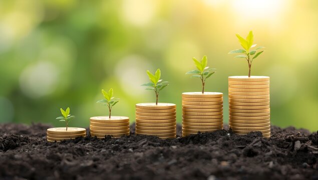 Financial growth represented by stacks of golden coins with young green plants sprouting from the top in a natural outdoor setting with soft sunlight