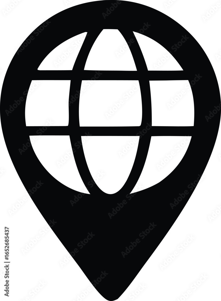 Poster stylized black globe icon integrated within a location pin marker for global navigation and connecti