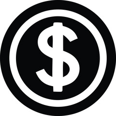 Bold black and white icon of a dollar sign centered within a circular outline representing currency