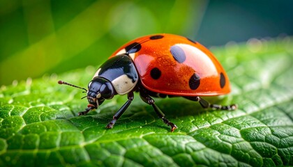 Obraz premium Close-up view of a vibrant ladybug resting on a lush green leaf, showcasing natural beauty.