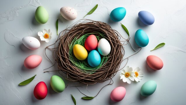 Brightly decorated Easter eggs arranged in a circular, wavy pattern on a soft-lit, light backdrop, top-down perspective.