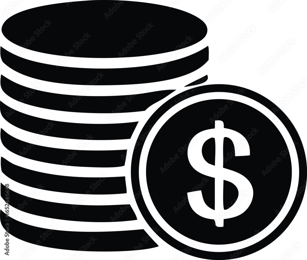 Poster black and white icon representing a stack of coins with a dollar sign on the front coin symbolizing 