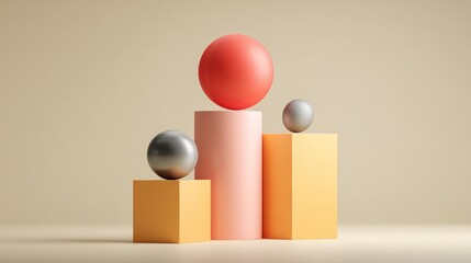 Minimalist scene features geometric shapes cylinders, cubes, and spheres in pastel colors