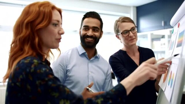 A dynamic team engages in a brainstorming session while reviewing important charts and strategies together.