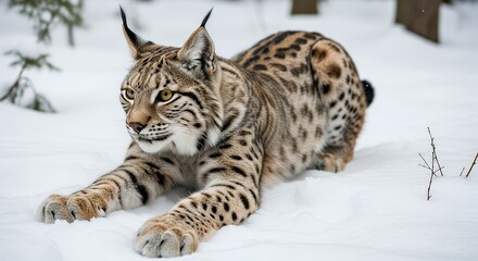 Naklejka premium Eurasian Lynx with Spotted Fur Lying Low in Fresh White Snow during Winter
