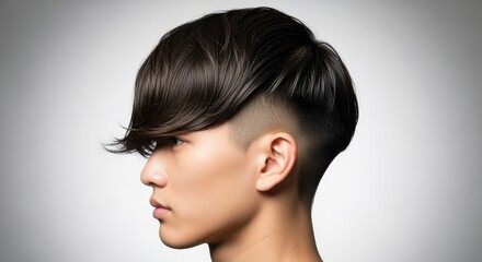 Stylish Asian Man with Modern Undercut Hairstyle on Gray Background