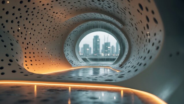 Futuristic organic architecture with cityscape view through tunnel opening