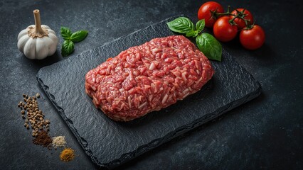 Freshly minced meat arranged on a black stone board with garlic cloves, small red tomatoes, basil leaves, and spices on a dark surface
