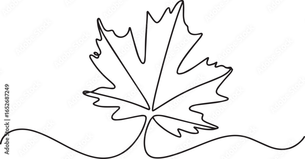 Poster continuous one line drawing of a maple leaf with veins forming a heart pattern, minimalist autumn na