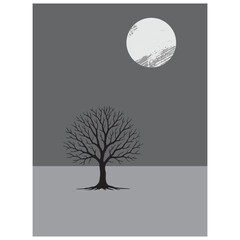 Moonlit Lonely Tree Silhouette at Night