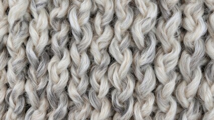 Macro image highlighting a cozy knit fabric with thick fibers and an irregular pattern in light and dark hues.