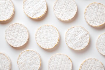 Many Circles of Camembert on a White Background Top View - Dairy Products and Food Pattern.