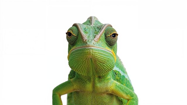 Amusing detailed shot of a bright green veiled chameleon gazing directly.