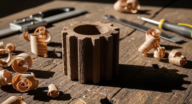 Wooden Gear with Wood Shavings and Traditional Tools on a Rustic Workbench