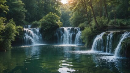 Obraz premium Beautiful natural landscape with a peaceful pond, cascading water, and dense forest surroundings