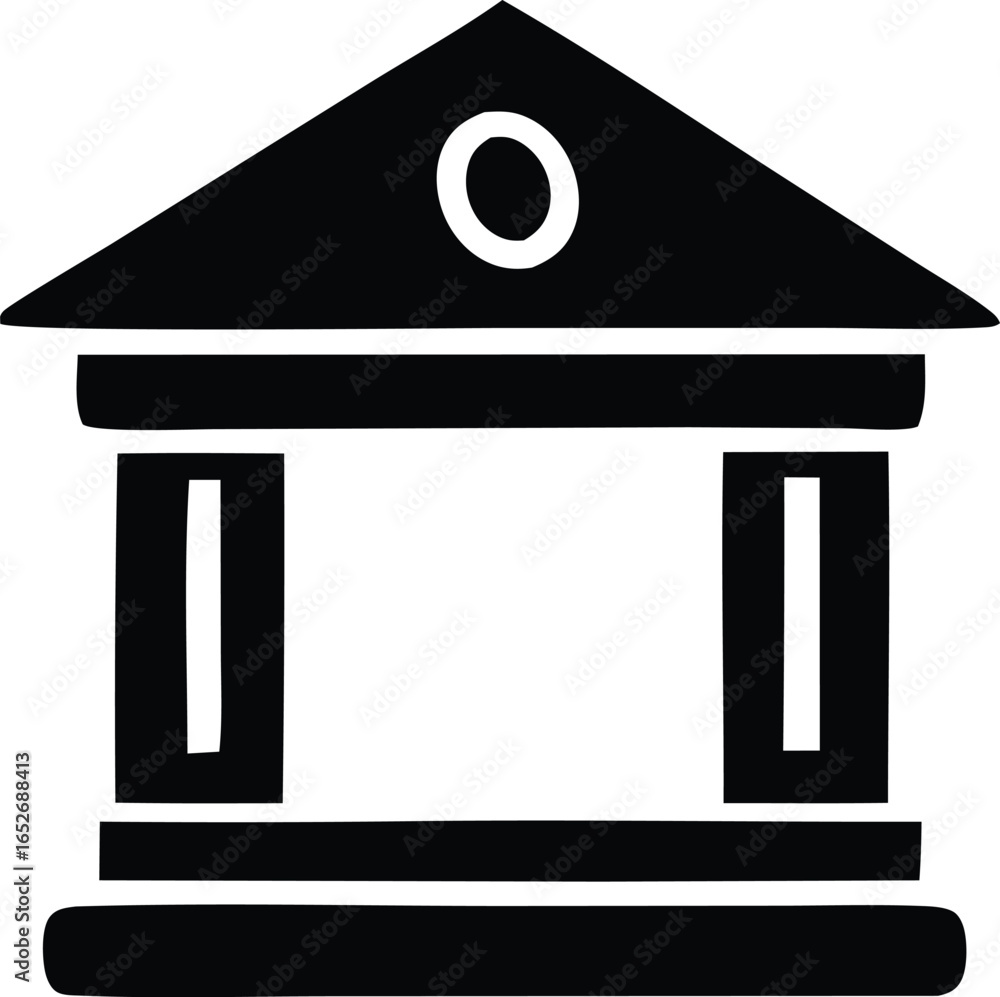 Poster simple black and white icon of a classical building with columns and a pediment