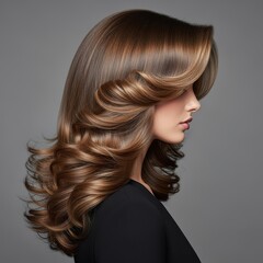 Obraz premium Beauty portrait of a woman with long, shiny, and voluminous brunette hair perfectly styled