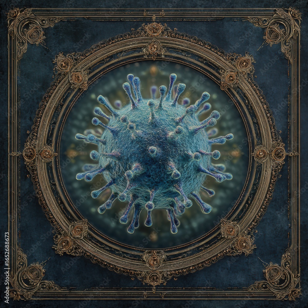 Poster detailed digital illustration of a virus with intricate background design in a dark circular frame