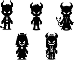 Vector sketch illustration collection of silhouette sketches, design images of devils, devils, hell dwellers, cute, funny, chibi, enemies of humans