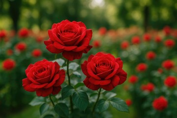 Red roses blooming in a garden setting with a soft-focused background