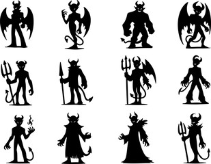 Vector sketch illustration collection of silhouette sketches, design images of devils, devils, hell dwellers, cute, funny, chibi, enemies of humans